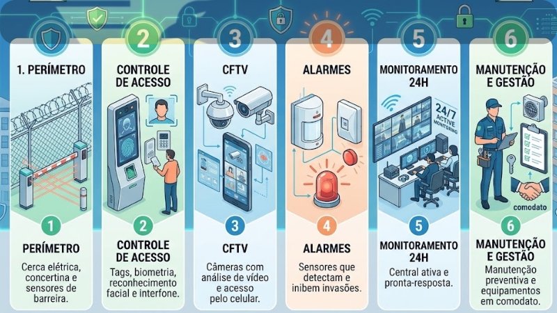 Segurança Predial para Condomínios: o Guia Definitivo 2026 para Proteger Moradores no Litoral de SC 1 Infográfico com as 6 camadas da segurança predial para condomínios: perímetro, controle de acesso, CFTV, alarmes, monitoramento 24h e manutenção.